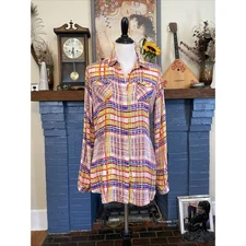 CAbi 797 Cirque M Plaid Button Down Long Sleeve Shirt Blouse Rayon Colorful