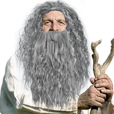 Gray Wizard Wig and Beard Set, Long Gray Wizard Wig with Fake Beard Mustach...