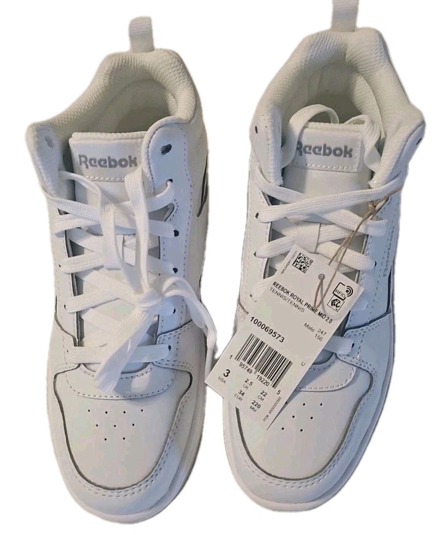 NEW Reebok Sneakers Toddler 3 White Royal Prime Mid Top Kids Lace Up Tennis 