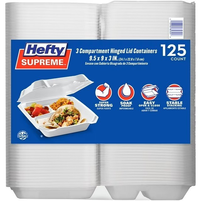 Hefty Supreme 3-Compartment Foam Lid Containers - Pack of 125