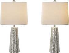 Table Lamps - Set of 2 Hammered Metal Lights with Flared Bases and Drum Shades f