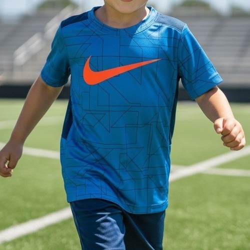 Nike Kids Blue Orange Swoosh Geometric Print Athletic TShirt Size M 6 5-6 Years