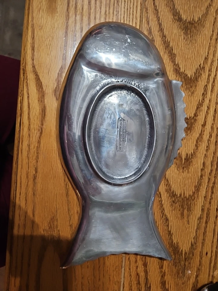 Bandeja para servir pescado de aluminio Arthur Court 1977 de colección ojo de ágata verde (B14) Foto 3 de 4