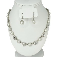 Clear Crystal Jewelry Set White Pearl Formal 21" Necklace Earrings Wedding