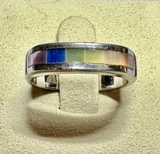 925 Sterling Silver Rainbow Mother Of Pearl Inlay Ring Size 8.25 Lot 450