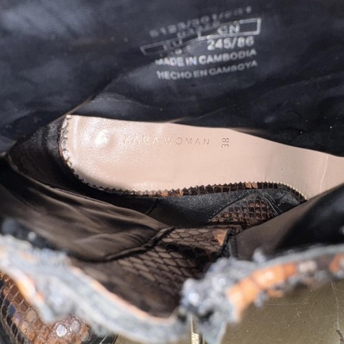 Zara Brown Black Snake Embossed Faux Leather Block Heel Boot Sz 38 - Picture 8 of 8