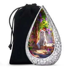 Flowers White Cat Unique Large Urn For Ashes Adult Father  Mother 10 Inch 