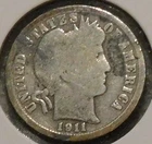 Silver Dime - Barber - 1911-S (Spotty black tarnish after old cleaning.)