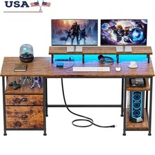 Computer Desk W/ Power Outlets LED RGB Lights Adjustable Shelves Monitor Stand