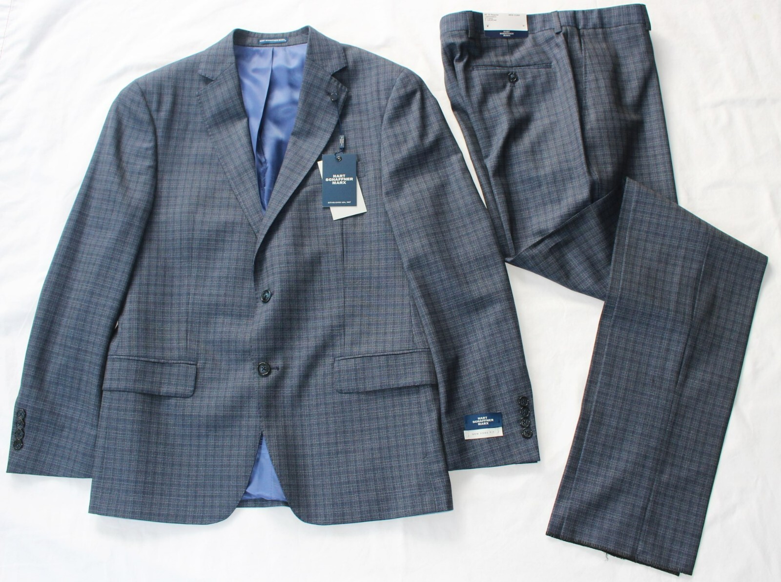 New Hart Schaffner Marx SUIT Men's 40 Reg 40R Blue Check NEW YORK FIT Guabello