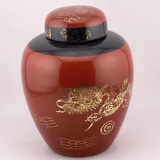 5" Tall Ginger Jar & Lid Japan Gold Dragons Scales Spirals Rust Red & Black