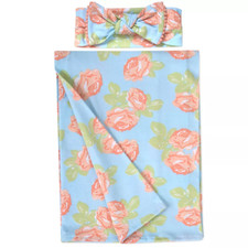 Baby Essentials Soft Floral Swaddle Wrap Blanket with Matching Headband 2 Pc Set