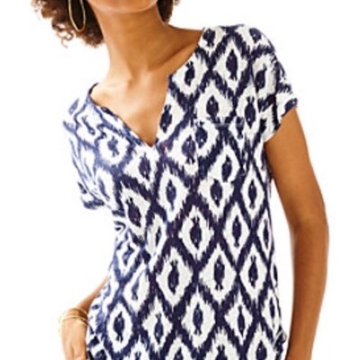 Lilly Pulitzer Duval Linen Short Sleeve Tee Shirt  Little Fish Navy Ikat Size S