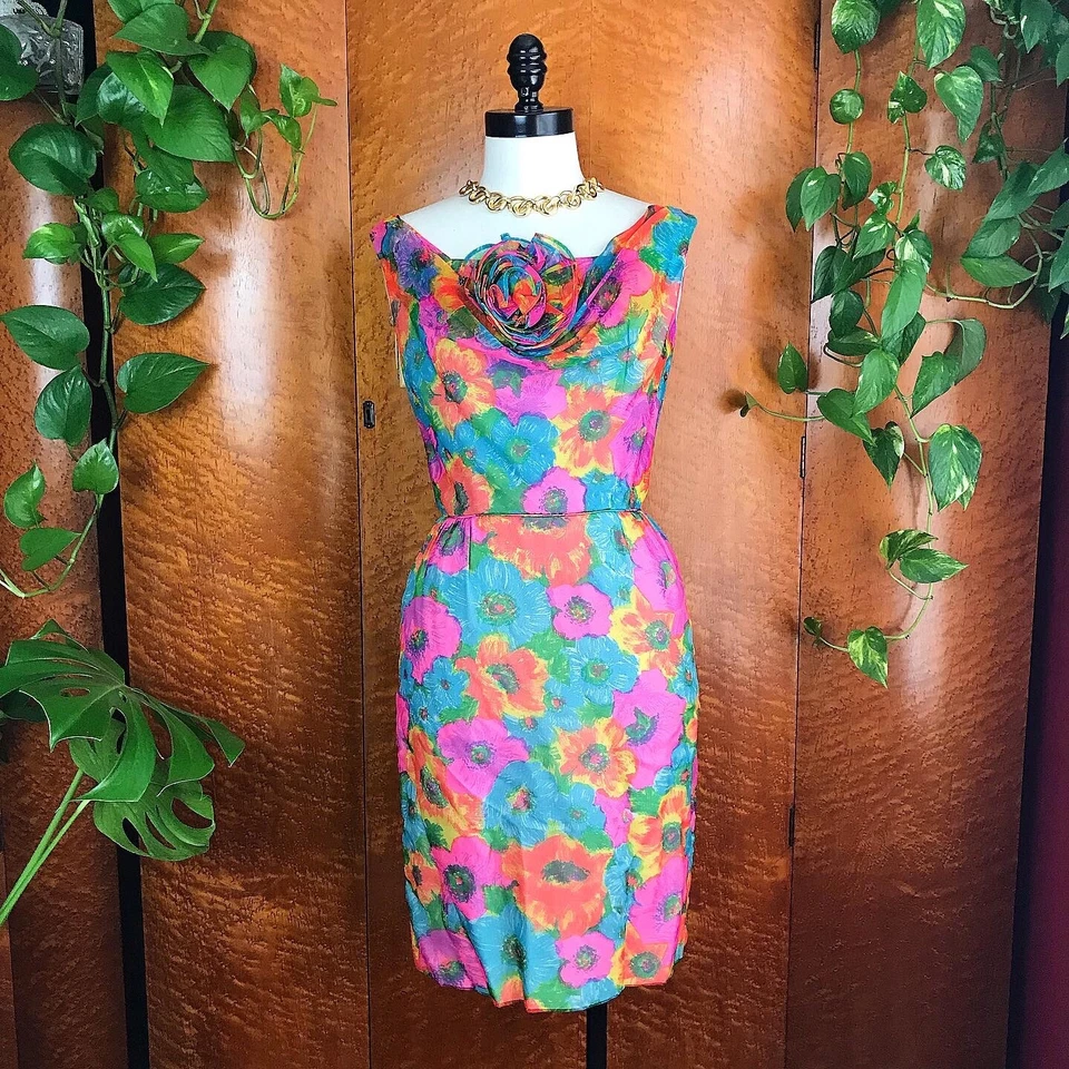 Vestido TECHNICOLOR 1950’s 50s Vintage 60s 1960’s Emma Domb Floral Gasa Xs S Foto 4 de 4