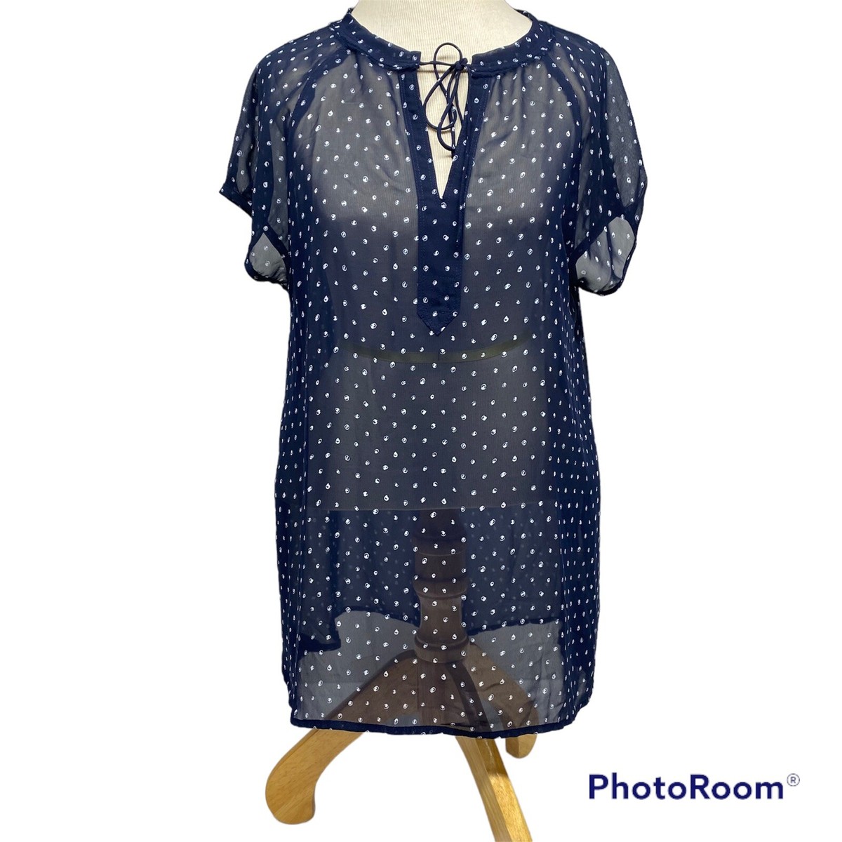 Liz Claiborne Blue White Polka Dot Sheer See Through Top Size L