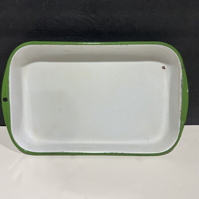 14   X. 9  White Enamal  Oblong Pan With Green Trim