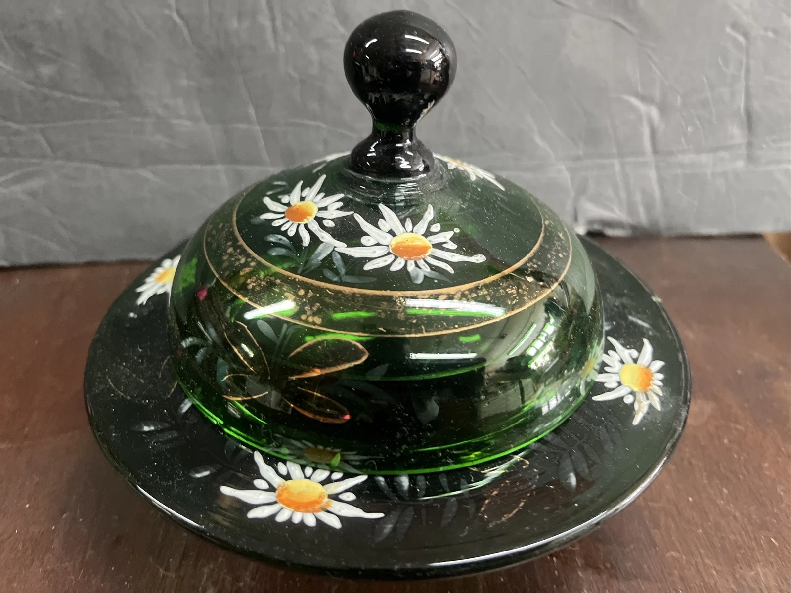 Bohemian Czech Art Glass Butter Condiment Dish /w Lid Enamel Daisy Design Floral