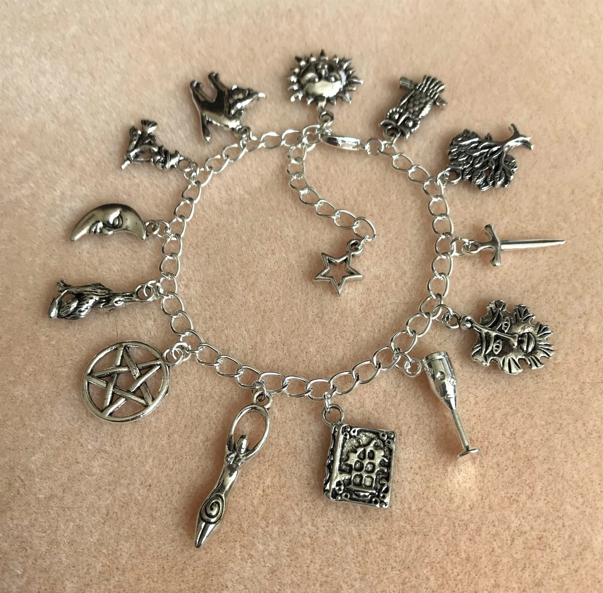 Wicca Pagan Pentagram Green Man Sun Moon Charm Bracelet Goddess Witch