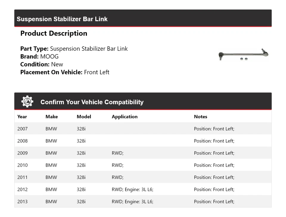 适用于 2007 - 2013 宝马 328i 悬架稳定杆链接前左 MOOG 2007 2008 — 第 2/4 张图片