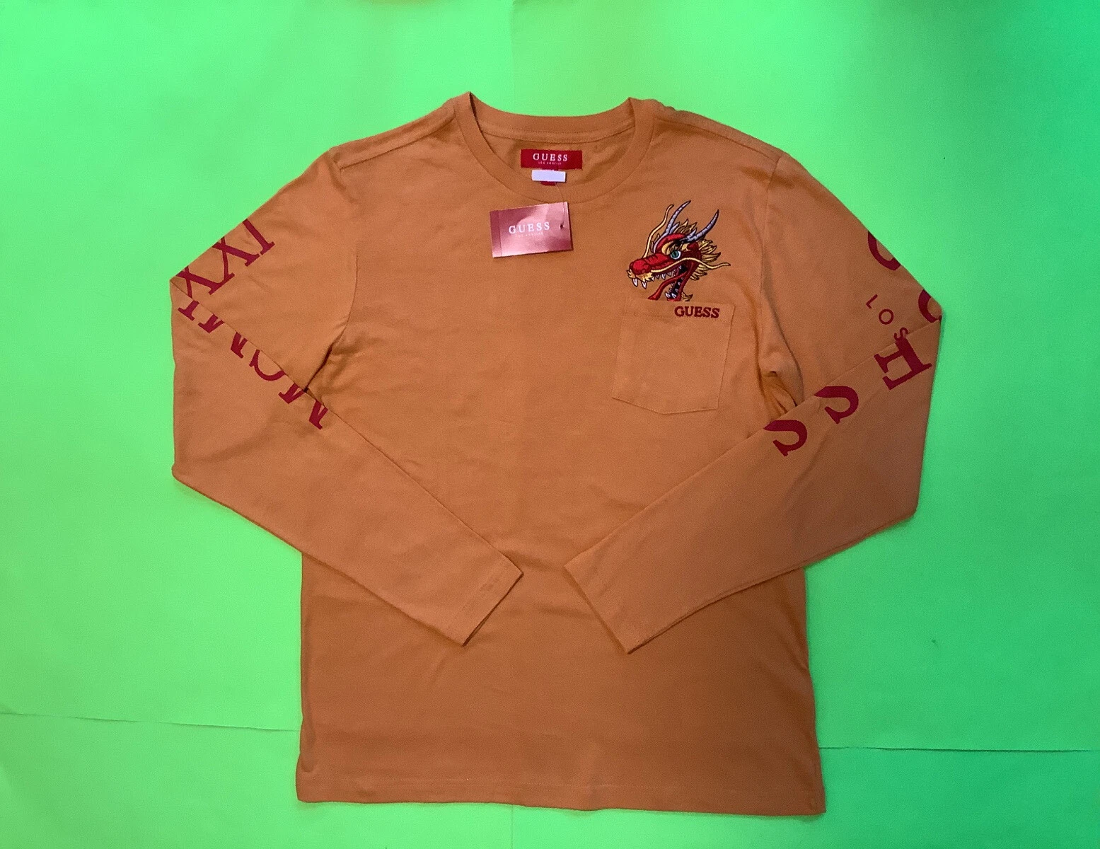 New GUESS Los Angeles Men’s Long Sleeve T-Shirt Size MEDIUM Yellow w/Red Cotton