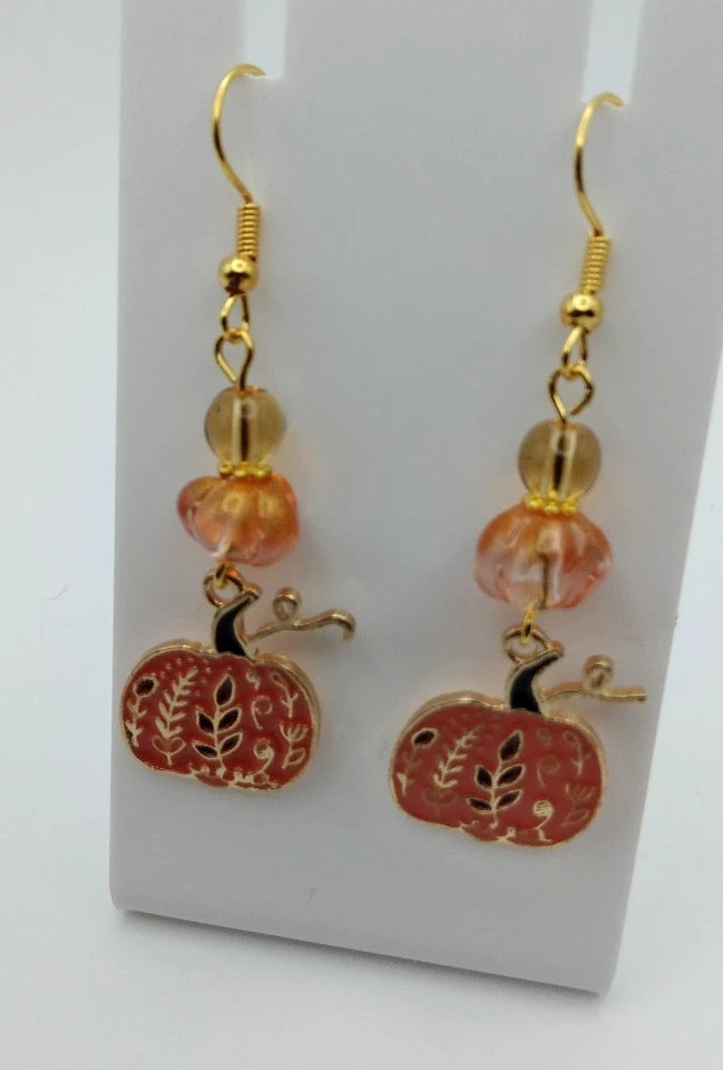 Pendientes Calabaza Esmaltada y Cuentas de Vidrio Pendientes Otoño Naranja Marrón Otoño EE. UU. Foto 2 de 3