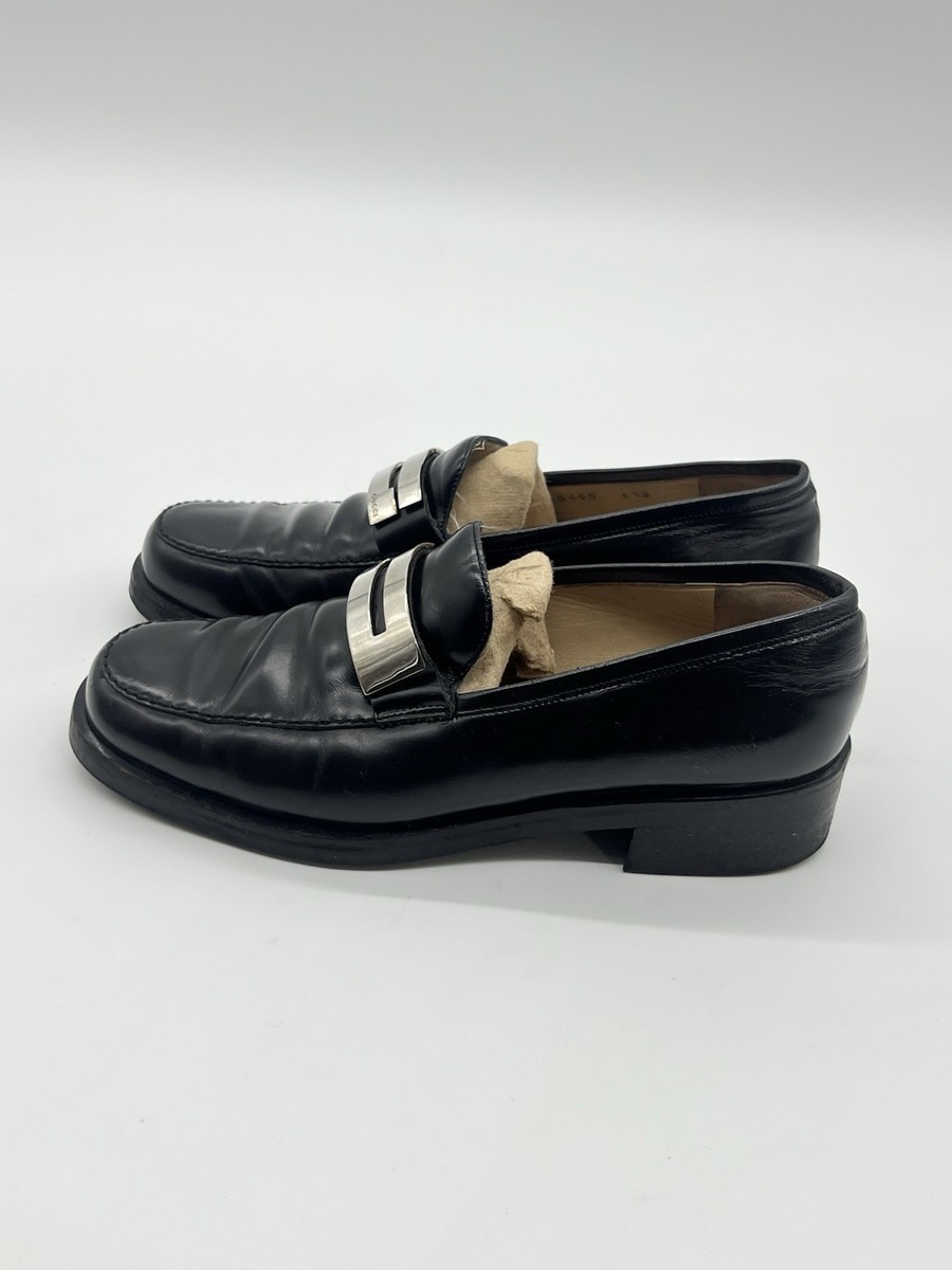 Gucci Women's 6.5B Black Leather Loafers Square G Silver Logo