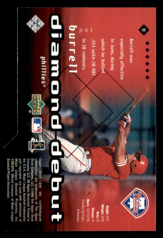2000 Upper Deck Black Diamond Pat Burrell #56/100 Diamond Debut 91 Baseball Card - Image 2 of 2