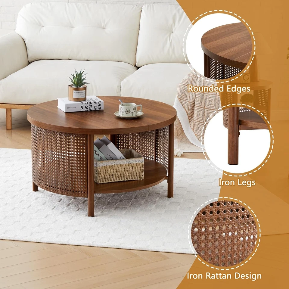 Mesa de centro redonda Mid-Century 31,5" con decoración de metal ratán y #R033 Foto 3 de 4