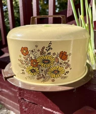 MCM Metal Cake Pie Carrier Yellow Floral Sunflowers 3 Tier Locking Handle