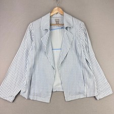 Chico's Striped Blazer Women 8/10 White Blue Lyocell Open Front Jacket