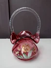 VINTAGE FENTON ART GLASS PANSIES ON CRANBERRY BASKET HAND PAINTED ARTIST SIGNED