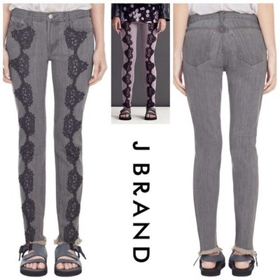 NWT Christopher Kane J Brand Gray Frayed Hem Lace Skinny Jeans Size 24 00