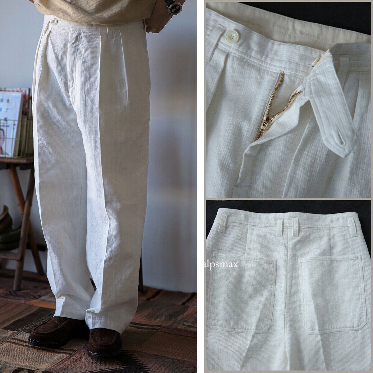 Second Order Cotton Linen Pleated Trousers White Mens Casual Straight Pants