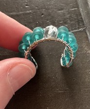 Handcrafted Beaded Wire Ring Silver Blue Clear Glass Band Art Nature