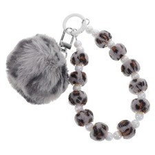Reusable Plush Leopard Print Pom Pom Keychain Soft Grey Bag Charm Accessory