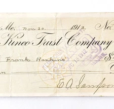 1912 Kineo Trust Company Bank Check E.A. Sampson Dover Maine Signed 1041 CHX4