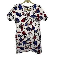 Grace Elements Floral Linen Blend Lace Up Shift Dress White Blue Red Small