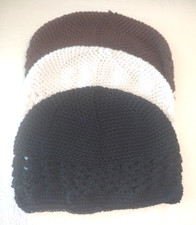 3 New Handmade Crochet Beanie Skull Cap Hat 1 Blk 1 White 1 Brn Unisex Boho Chic