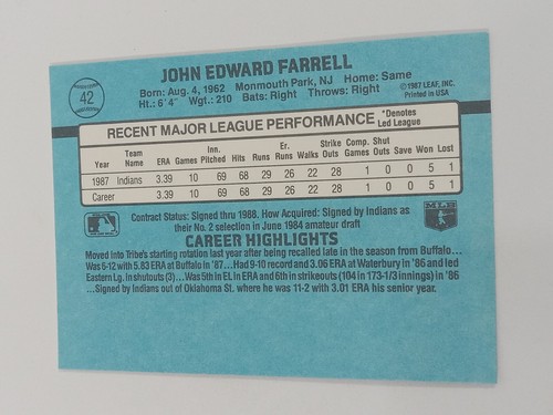 1988 Donruss Rated Rookie #42 John Farrell Cleveland Indians - Picture 2 of 2