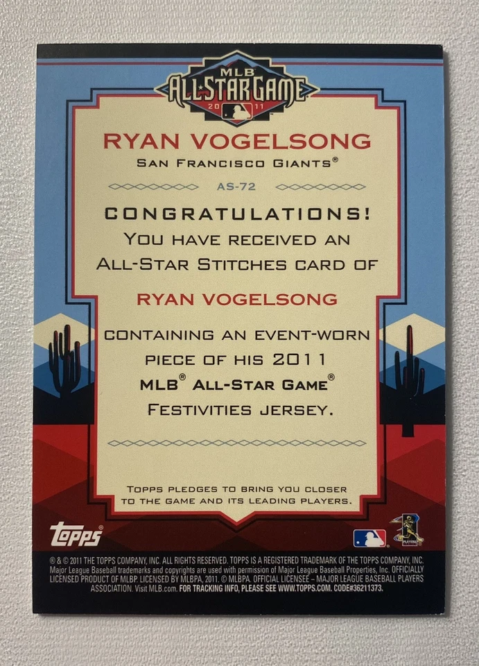 2011 Topps обновление MLB All-Star Stitches Ryan Vogelsong событие носил Джерси #AS-72 - Изображение 2 из 2