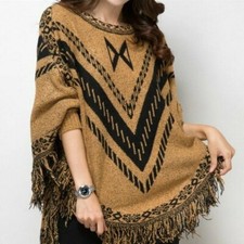 Lady Ethnic Boho Bohemian Poncho Knitted Cape Shawl Tassel Batwing Sleeve Casual