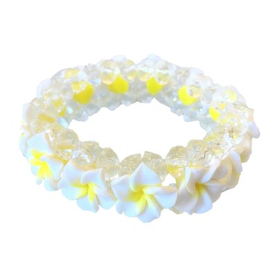 Hawaiian White Fimo Plumeria Flower Clear Beads Elastic Bracelet Maui Hawaii