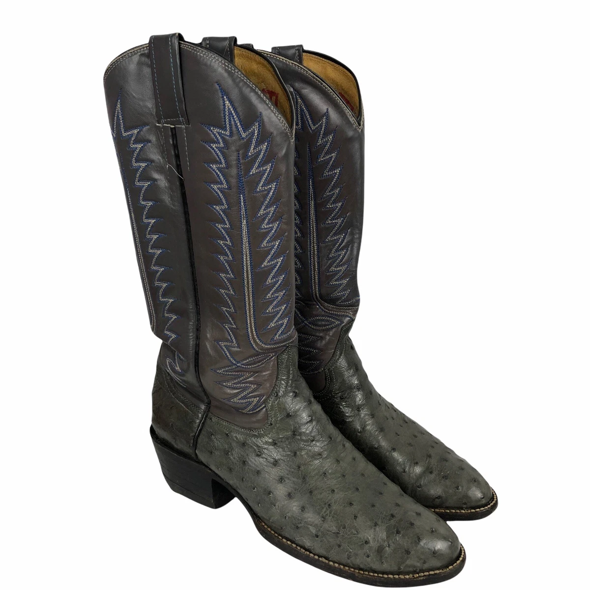 Justin Mens Ostrich Cowboy Boots Size 7 W Gray Leather Blue Stitching Round Toe