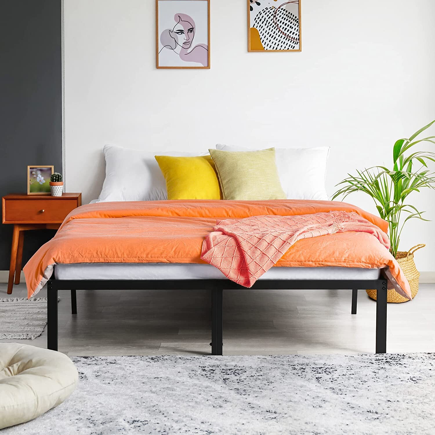 Black Heavy Duty Steel Slat King Size Bed 79.5 X 75.5 X 14"