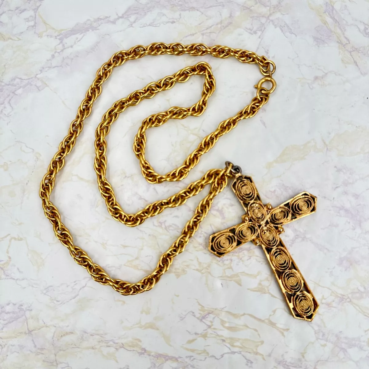 Tortolani Vintage Goldtone Openwork BIG Cross Pendant Necklace