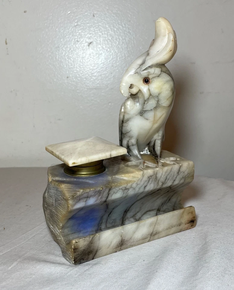 Antigua figura italiana tallada piedra alabastro cacatúa pájaro tintero escultura Foto 2 de 4