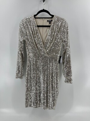 NWT Express Women's Long Sleeve Silver Sequin V Neck Cocktail Party Dress  XS | eBay