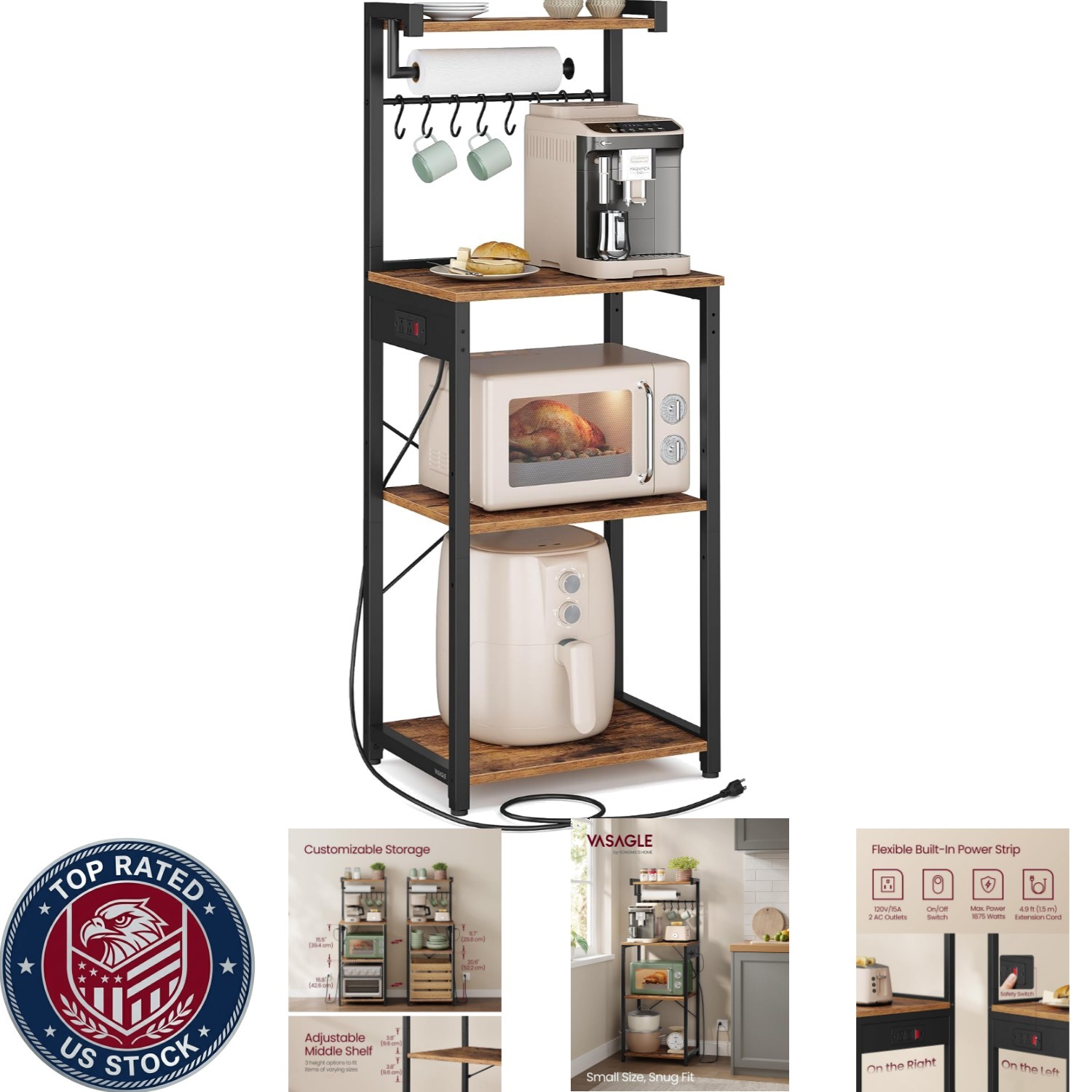 Functional Kitchen Bakers Rack with Built-in Power Outlet & Adjustable Shelf