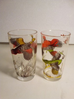 Pair Vintage Ring Necked Pheasants Hazel Atlas Drinking Glasses 5.5'' Red Gold