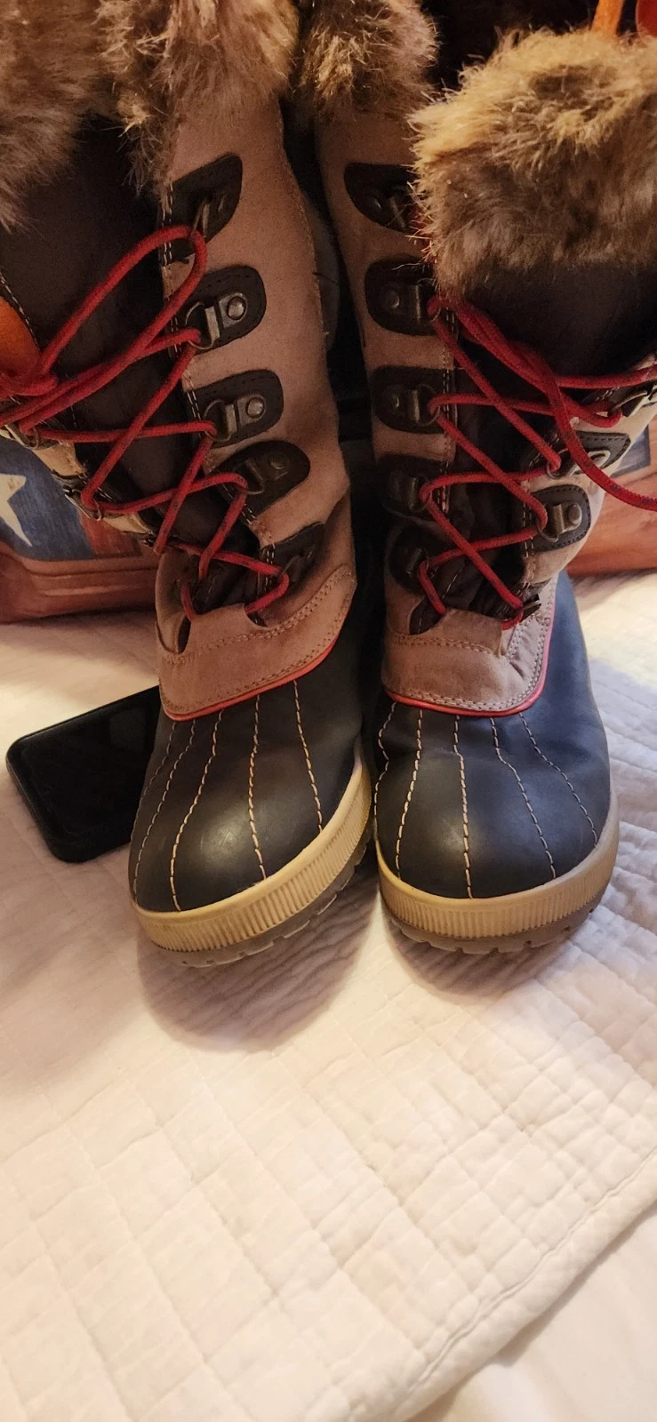 Totes Tan Red trim Furry Ladies Boots Mid Calf Size 11M